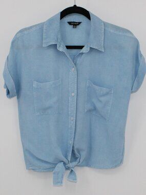Sim & Sam Blouse Button Up Front -Tie Collared Neck Sz Sm Blue Beach Wash Casual